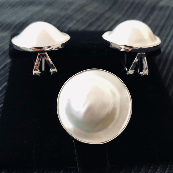 🥰 Mabe Pearl Sterling Silver 925 Ring & Earrings Set Beautiful 😍 - Picture 10 of 17
